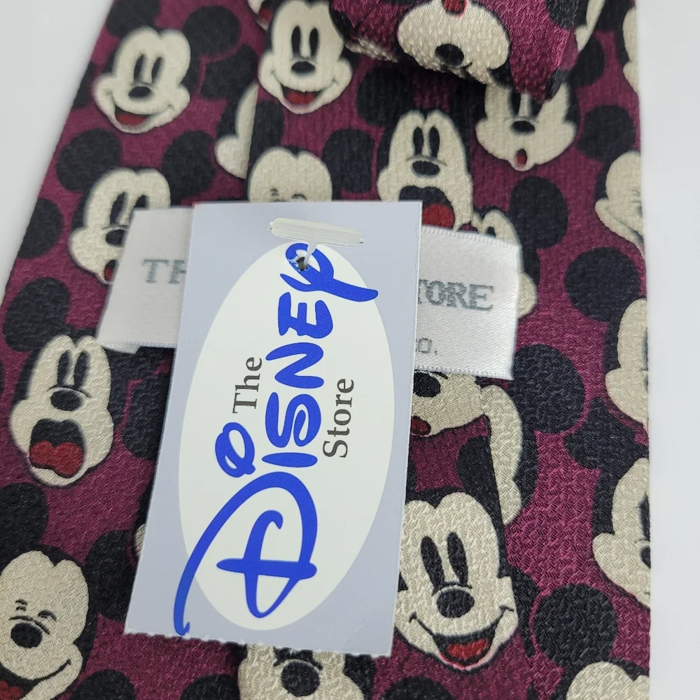 NEW Disney Store Vintage 100% Silk Mickey Mouse Face Burgundy Mens Neck Tie